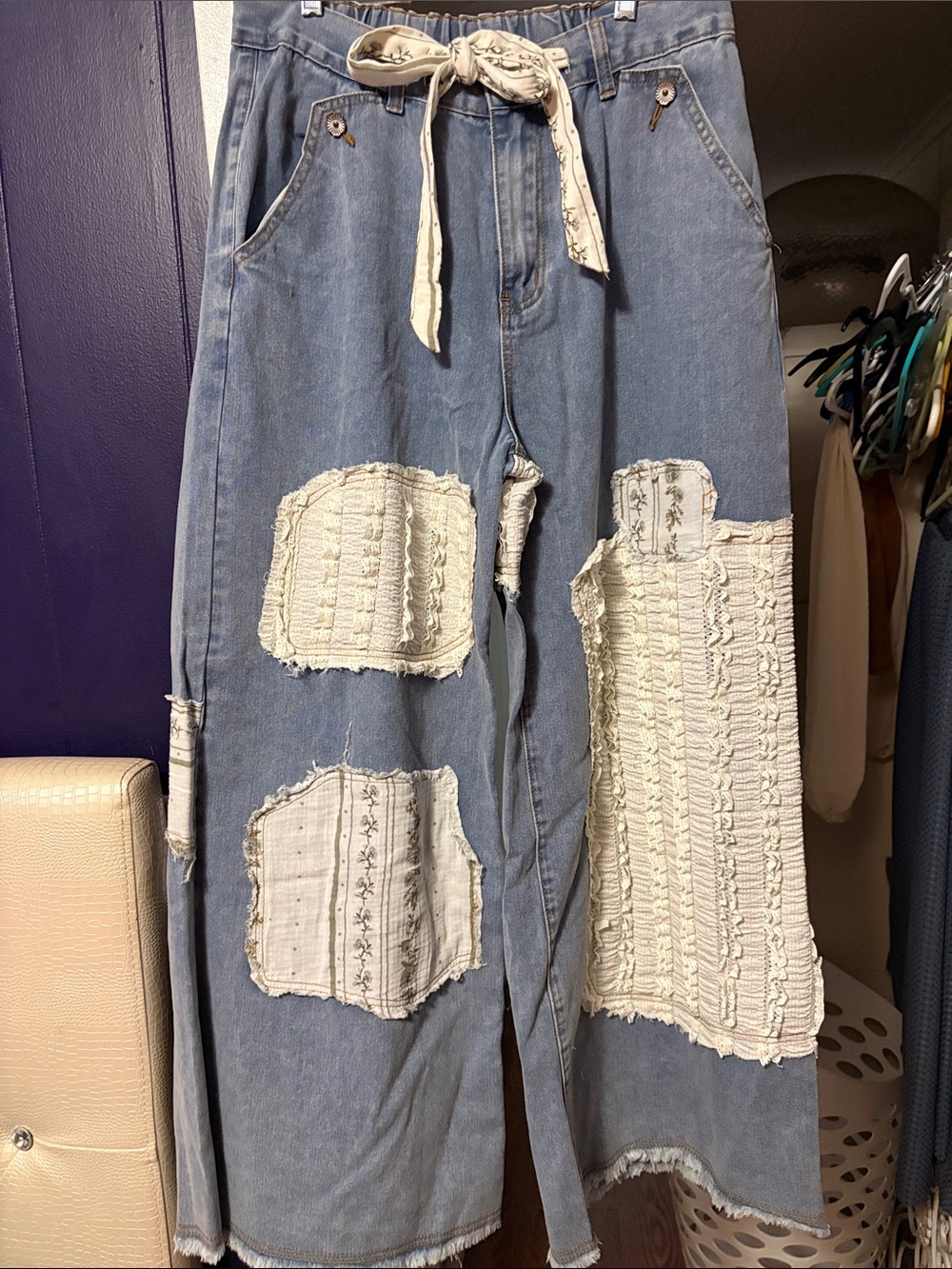POL Light Blue Wide-Leg Jeans with Cream Patchwork